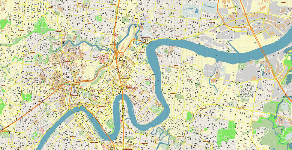 Brisbane Australia PDF Vector Map: Accurate High Detailed City Plan editable Adobe PDF Street Map in layers