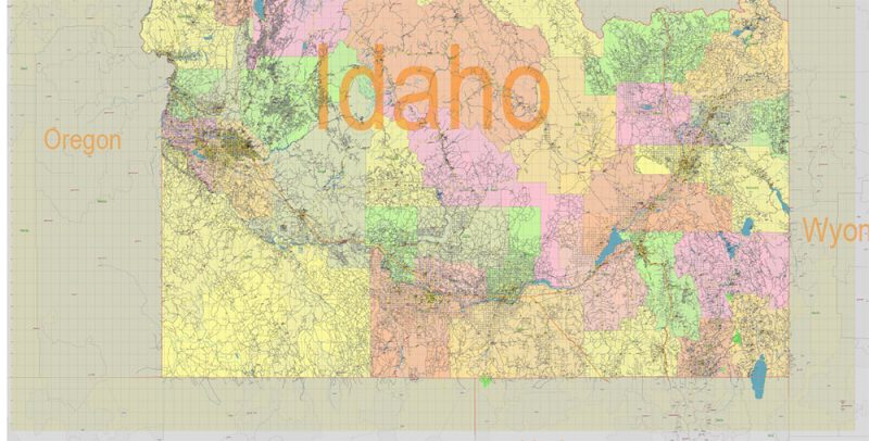 Idaho Full State US Vector Map: Full Extra High Detailed (all roads, zipcodes, airports) + Admin Areas editable Adobe Illustrator in layers