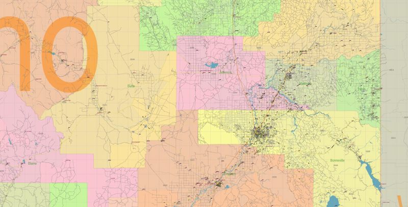 Idaho Full State US Vector Map: Full Extra High Detailed (all roads, zipcodes, airports) + Admin Areas editable Adobe Illustrator in layers