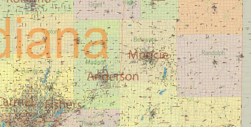 Indiana US Map Vector Exact State Plan High Detailed Road Map + Counties + Zipcodes + Airports editable Adobe Illustrator in layers