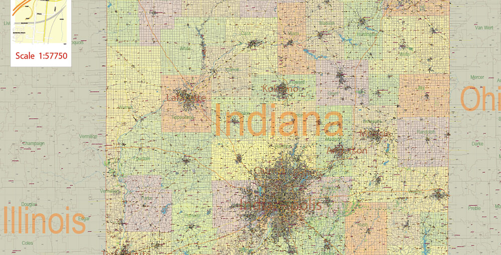 Indiana US PDF Vector Map: Exact State Plan High Detailed Road Map + Counties + Zipcodes + Airports editable Adobe PDF in layers