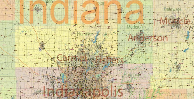 Indiana US Map Vector Exact State Plan High Detailed Road Map + Counties + Zipcodes + Airports editable Adobe Illustrator in layers