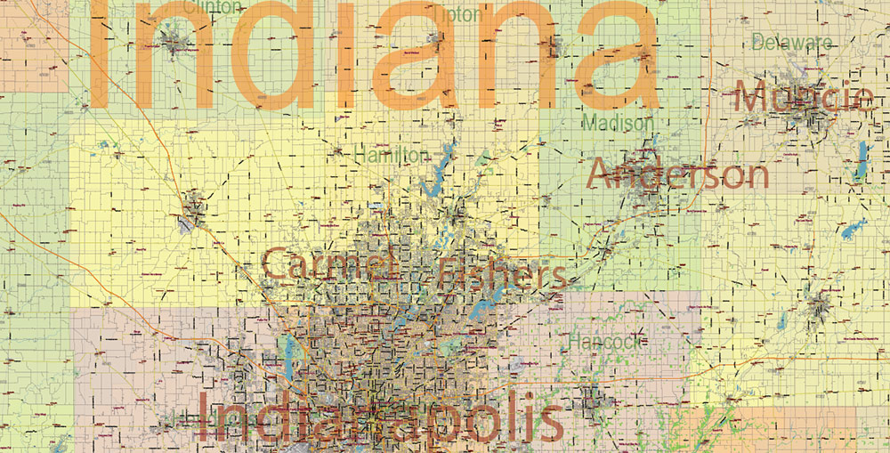 Indiana US PDF Vector Map: Exact State Plan High Detailed Road Map + Counties + Zipcodes + Airports editable Adobe PDF in layers