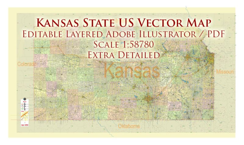 Kansas Full State US Vector Map: Full Extra High Detailed (all roads, zipcodes, airports) + Admin Areas editable Adobe Illustrator in layers