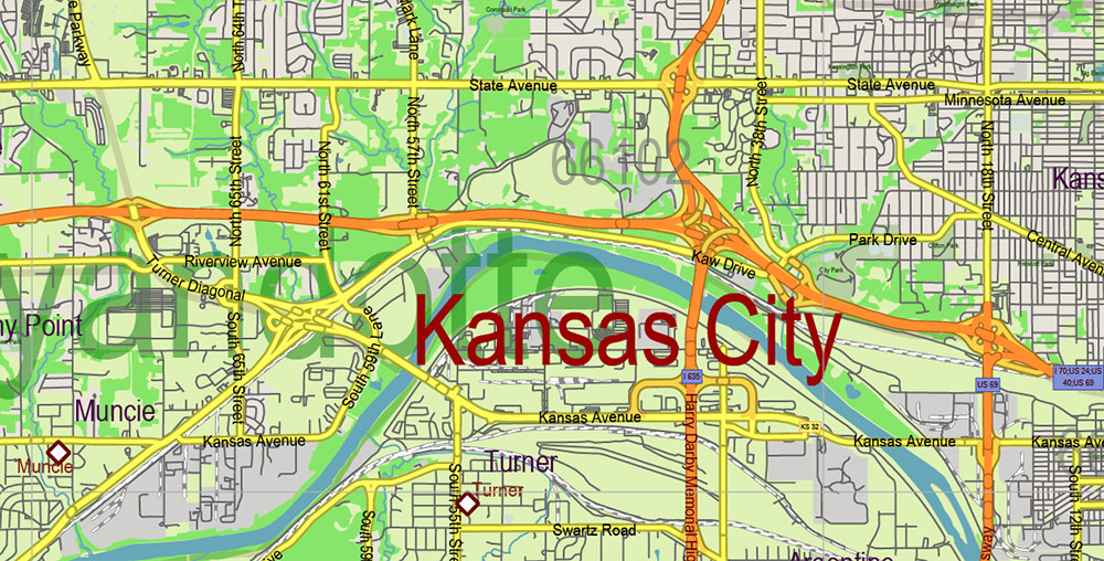 Kansas Full State US Vector Map: Full Extra High Detailed (all roads, zipcodes, airports) + Admin Areas editable Adobe Illustrator in layers