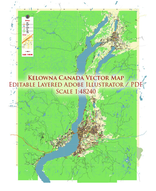 Kelowna Canada Map Vector City Plan Low Detailed (for small print size) Street Map editable Adobe Illustrator in layers