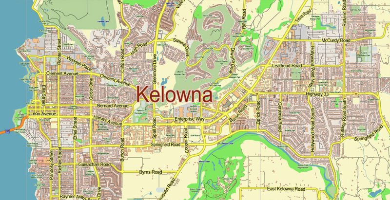 Kelowna Canada Map Vector City Plan Low Detailed (for small print size) Street Map editable Adobe Illustrator in layers