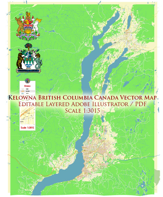 Kelowna BC Canada Map Vector Accurate High Detailed City Plan editable Adobe Illustrator Street Map in layers