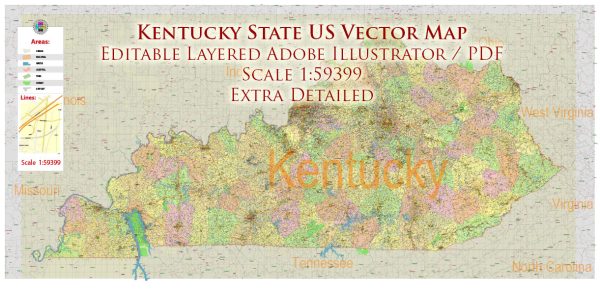 Kentucky Full State US Vector Map: Full Extra High Detailed (all roads, zipcodes, airports) + Admin Areas editable Adobe Illustrator in layers