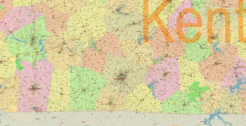Kentucky Full State US Vector Map: Full Extra High Detailed (all roads, zipcodes, airports) + Admin Areas editable Adobe Illustrator in layers
