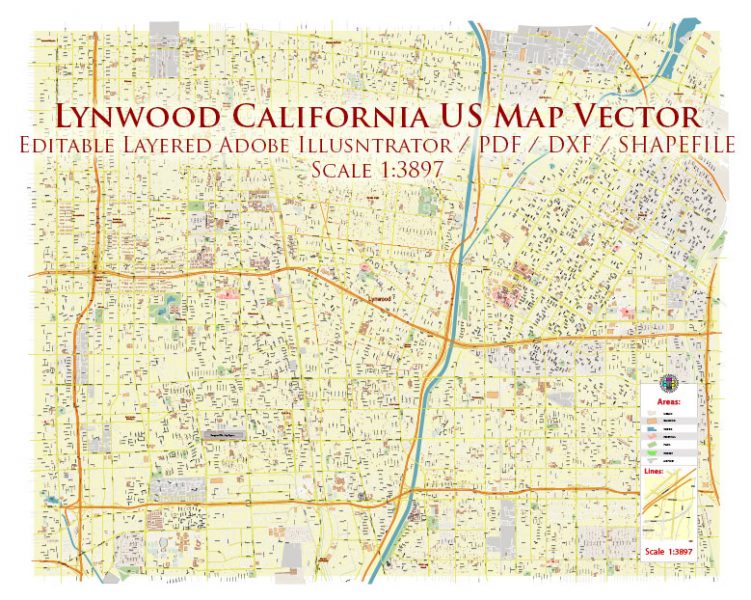 Lynwood California US DXF Map Vector Exact City Plan High Detailed 