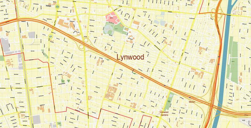 Lynwood California US DXF Map Vector Exact City Plan High Detailed Street Map AutoCAD + Shapefiles + Adobe PDF in layers