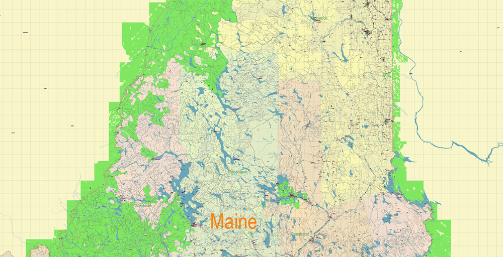 Maine Full State US Vector Map: Full Extra High Detailed (all roads, zipcodes, airports) + Admin Areas editable Adobe Illustrator in layers