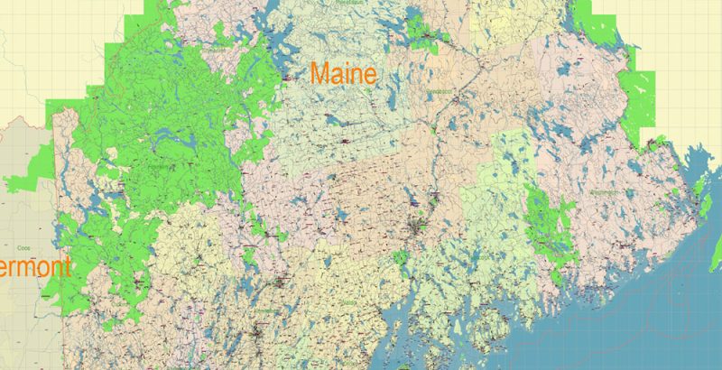 Maine Full State US Vector Map: Full Extra High Detailed (all roads, zipcodes, airports) + Admin Areas editable Adobe Illustrator in layers