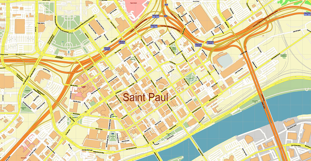 Minneapolis + Saint Paul Minnesota US PDF Vector Map: Accurate High Detailed City Plan editable Adobe PDF Street Map in layers