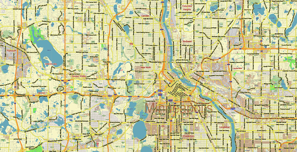 Minneapolis + Saint Paul Minnesota US Map Vector City Plan Low Detailed (for small print size) Street Map editable Adobe Illustrator in layers