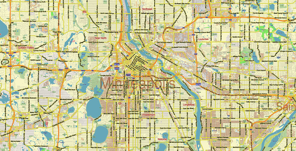 Minneapolis + Saint Paul Minnesota US PDF Vector Map: City Plan Low Detailed (for small print size) Street Map editable Adobe PDF in layers