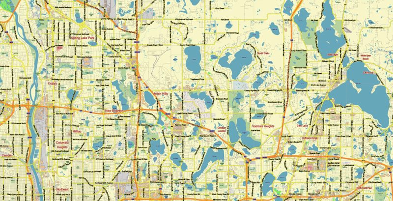Minneapolis + Saint Paul Minnesota US Map Vector City Plan Low Detailed (for small print size) Street Map editable Adobe Illustrator in layers