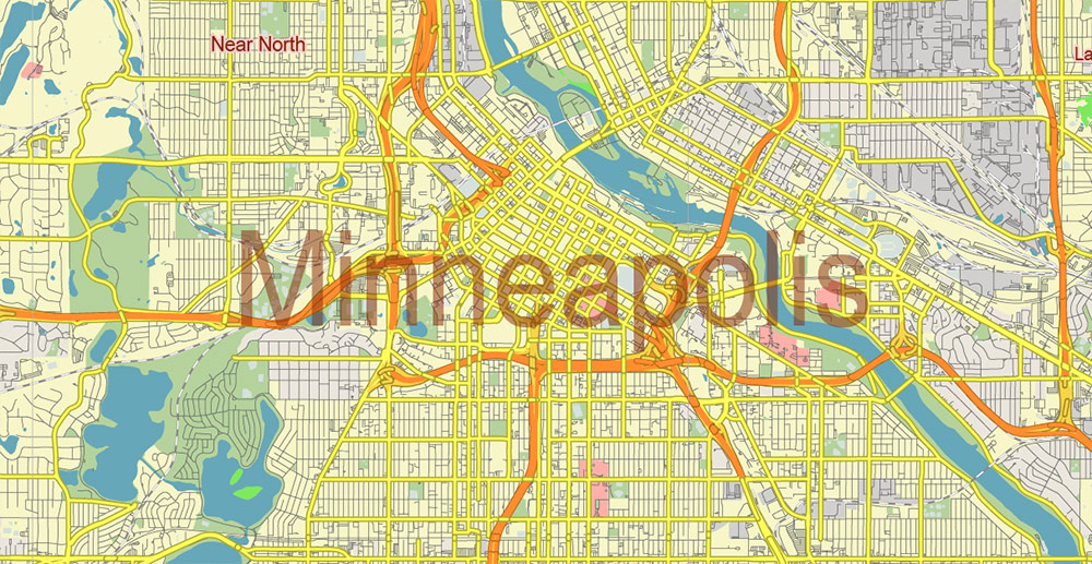 Minneapolis + Saint Paul Minnesota US Vector Map Free Editable Layered Adobe Illustrator + PDF + SVG