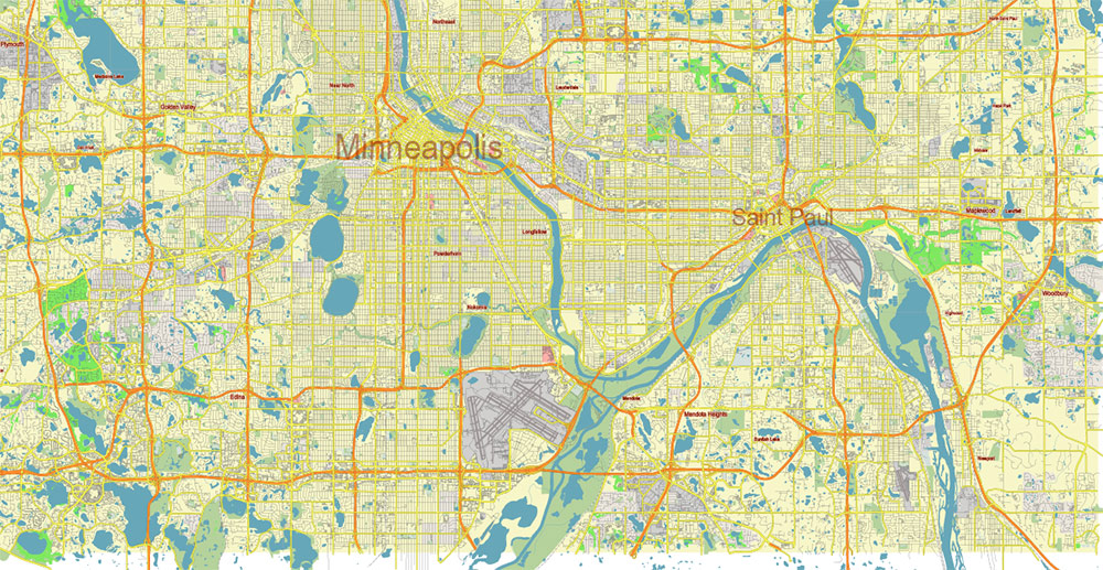 Minneapolis + Saint Paul Minnesota US Vector Map Free Editable Layered Adobe Illustrator + PDF + SVG