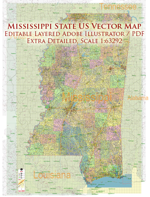 Mississippi Full State US Vector Map: Full Extra High Detailed (all roads, zipcodes, airports) + Admin Areas editable Adobe Illustrator in layers