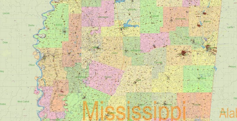 Mississippi Full State US Vector Map: Full Extra High Detailed (all roads, zipcodes, airports) + Admin Areas editable Adobe Illustrator in layers