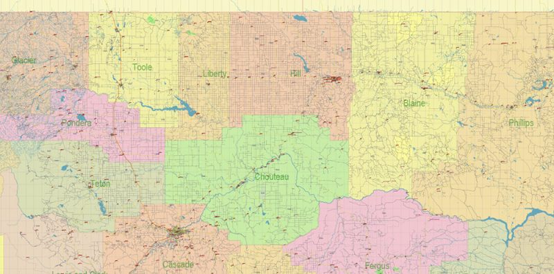 Montana Full State US Vector Map: Full Extra High Detailed (all roads, zipcodes, airports) + Admin Areas editable Adobe Illustrator in layers