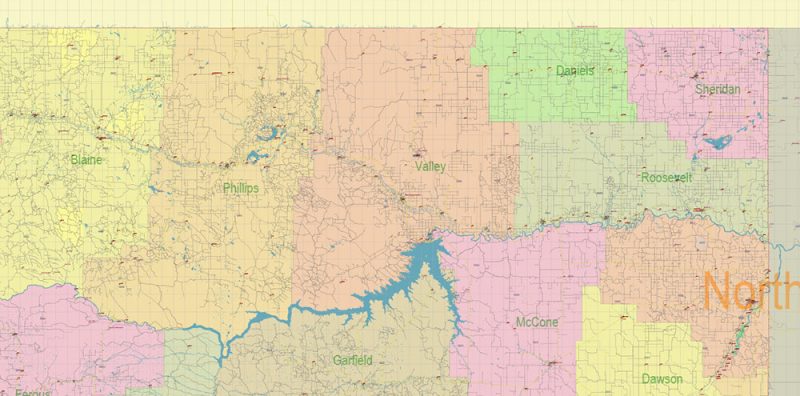 Montana Full State US Vector Map: Full Extra High Detailed (all roads, zipcodes, airports) + Admin Areas editable Adobe Illustrator in layers