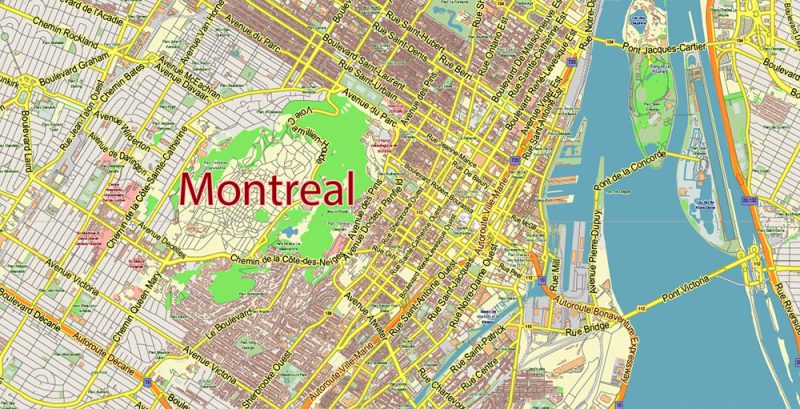 Montreal Quebec Canada Map Vector City Plan Low Detailed (for small print size) Street Map editable Adobe Illustrator in layers