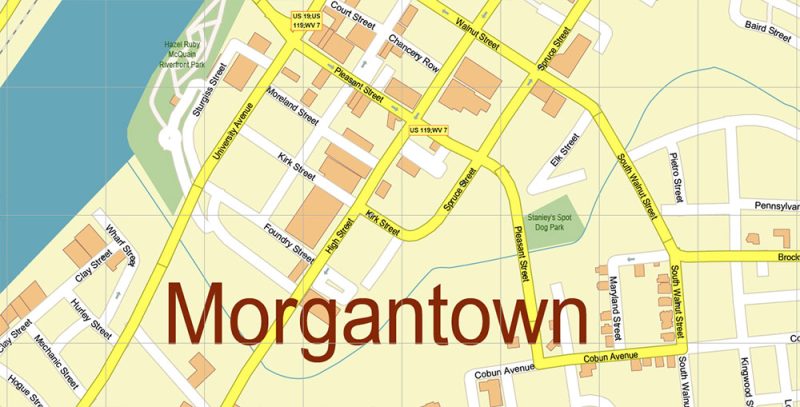 Morgantown West Virginia US Map Vector Accurate High Detailed City Plan editable Adobe Illustrator Street Map in layers