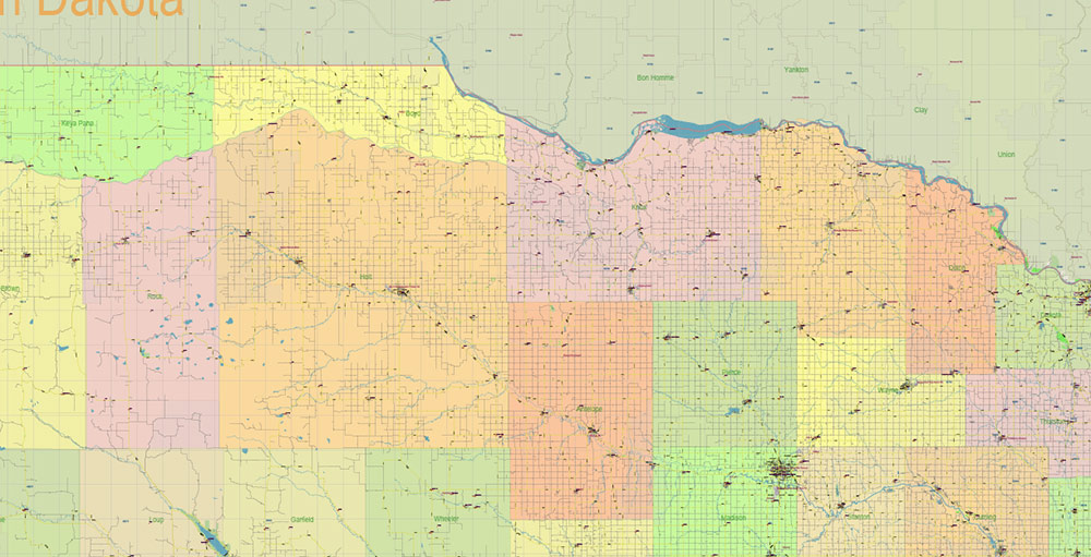 Nebraska Full State US PDF Vector Map: Full Extra High Detailed (all roads, zipcodes, airports) + Admin Areas editable Adobe PDF in layers
