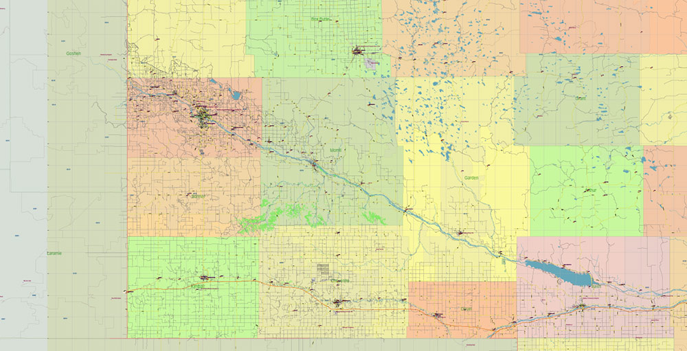 Nebraska Full State US Vector Map: Full Extra High Detailed (all roads, zipcodes, airports) + Admin Areas editable Adobe Illustrator in layers