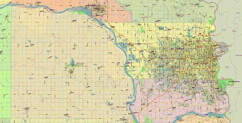 Nebraska Full State US Vector Map: Full Extra High Detailed (all roads, zipcodes, airports) + Admin Areas editable Adobe Illustrator in layers