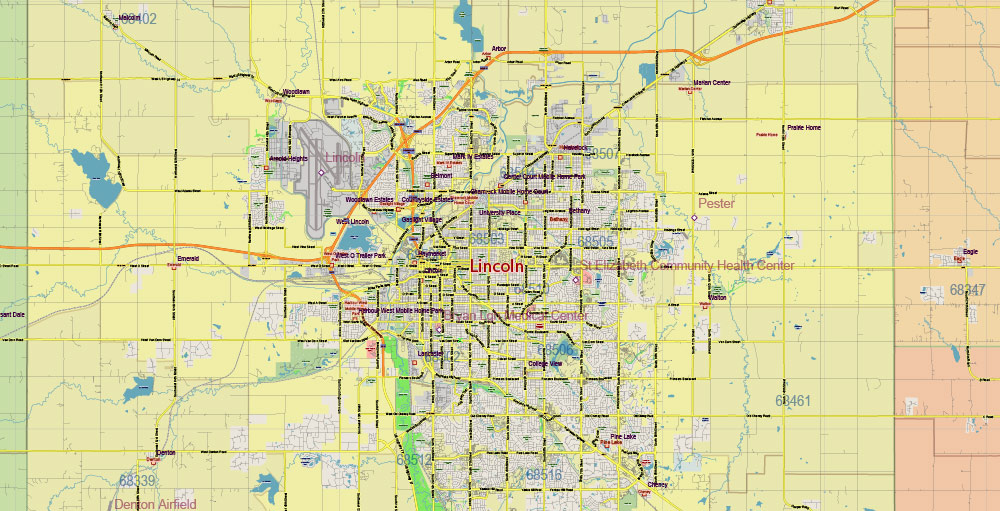 Nebraska Full State US PDF Vector Map: Full Extra High Detailed (all roads, zipcodes, airports) + Admin Areas editable Adobe PDF in layers