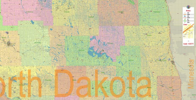 North Dakota US Map Vector Exact State Plan High Detailed Road Map + Counties + Zipcodes + Airports editable Adobe Illustrator in layers