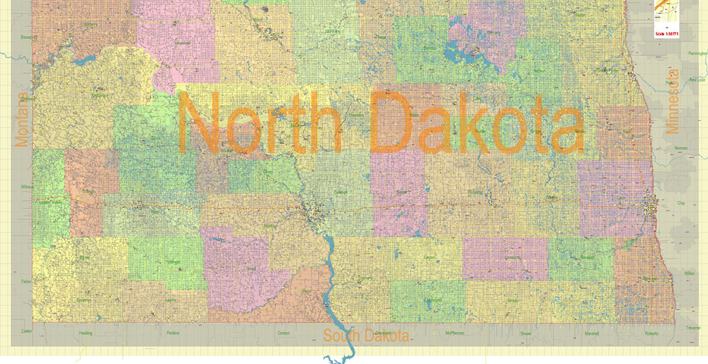 North Dakota US Map Vector Exact State Plan High Detailed Road Map + Counties + Zipcodes + Airports editable Adobe Illustrator in layers