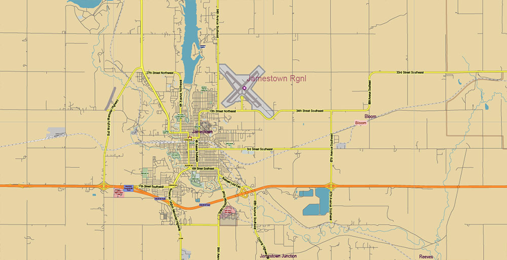 North Dakota US PDF Vector Map: Exact State Plan High Detailed Road Map + Counties + Zipcodes + Airports editable Adobe PDF in layers