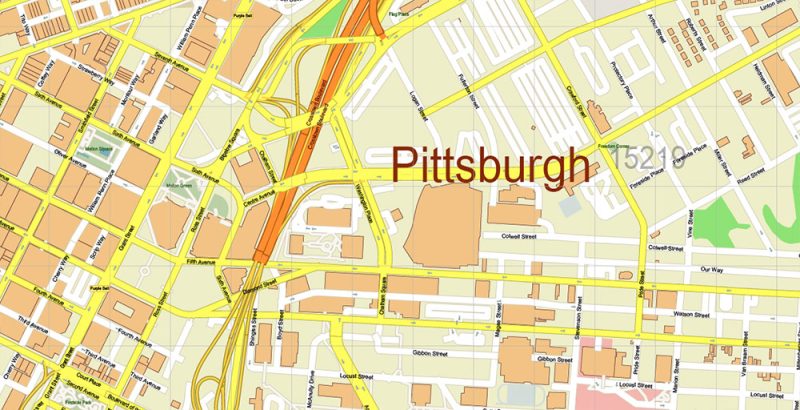 Pittsburgh Pennsylvania Metro Area Map Vector Accurate High Detailed City Plan + Zipcodes editable Adobe Illustrator Street Map in layers