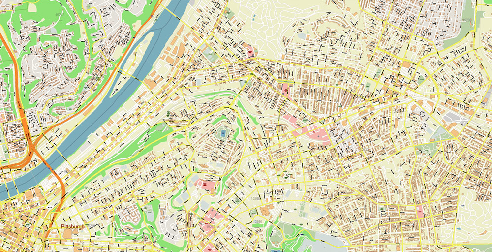 Pittsburgh Pennsylvania Metro Area PDF Vector Map: Accurate High Detailed City Plan + Zipcodes editable Adobe PDF Street Map in layers