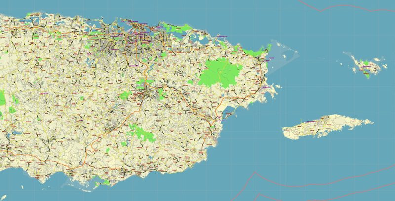 Puerto Rico Full State US Vector Map: Full Extra High Detailed (all roads, zipcodes, airports) editable Adobe Illustrator in layers