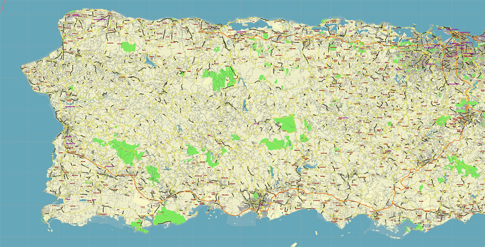 Puerto Rico Full State US PDF Vector Map: Full Extra High Detailed (all roads, zipcodes, airports) editable Adobe PDF in layers