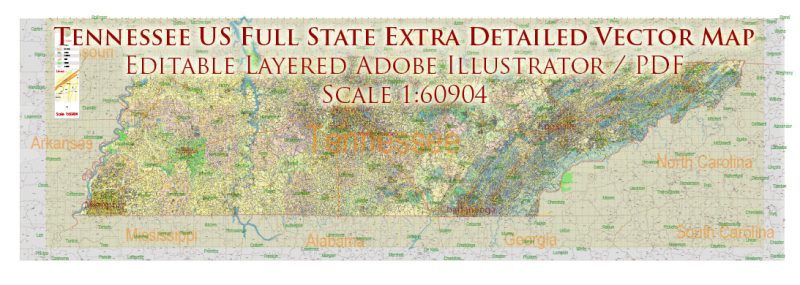 Tennessee US Map Vector Accurate Roads Plan High Detailed Street Map + Counties + Zipcodes editable Adobe Illustrator in layers