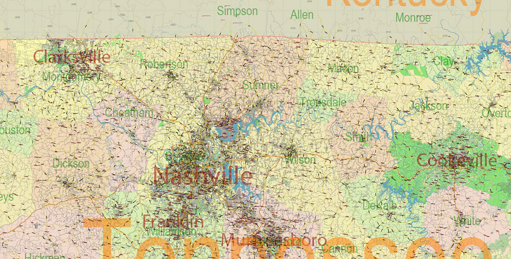 Tennessee US Map Vector Exact State Plan High Detailed Road Map + admin + Zipcodes editable Adobe Illustrator in layers