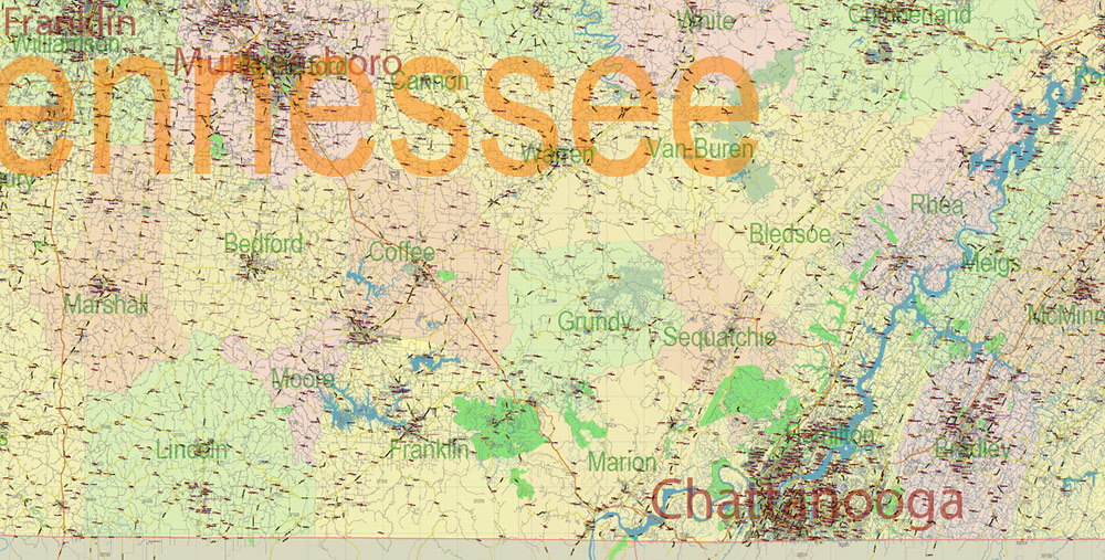 Tennessee US Map Vector Exact State Plan High Detailed Road Map + admin + Zipcodes editable Adobe Illustrator in layers