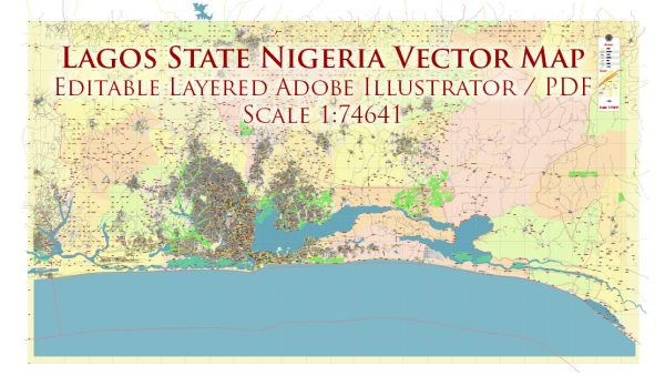 Lagos State, Nigeria Vector Map: Full Extra High Detailed + Admin Areas editable Adobe Illustrator in layers