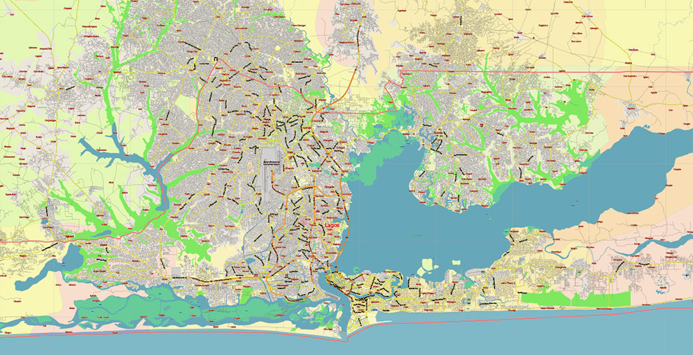 Lagos State, Nigeria PDF Vector Map: Full Extra High Detailed + Admin Areas editable Adobe PDF in layers