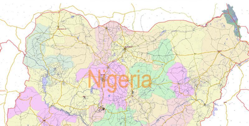 Nigeria Full Country Map Vector Exact State Plan: Road Map + Counties + Airports + Railroads, editable Adobe Illustrator in layers