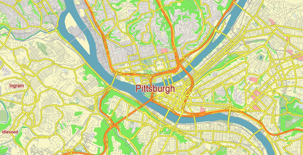 Pittsburgh Pennsylvania US Vector Map Free Editable Layered Adobe Illustrator + PDF + SVG