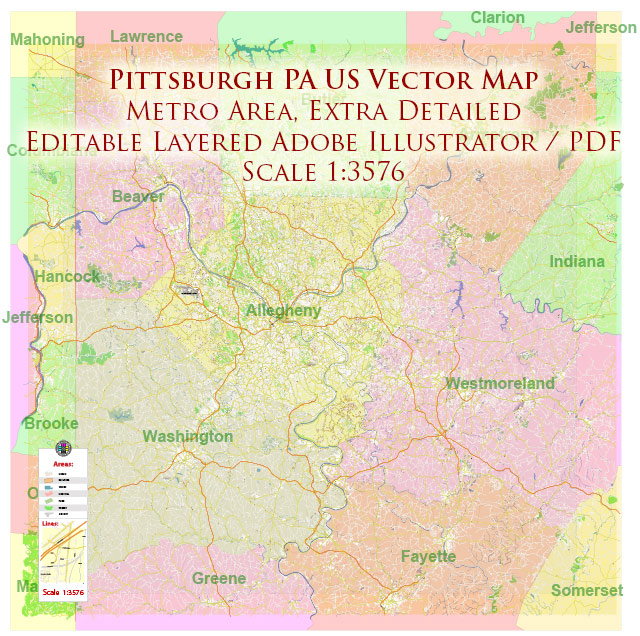 Pittsburgh Pennsylvania Metro Area PDF Vector Map: Exact State Plan High Detailed Road Map + Counties + Zipcodes editable Adobe PDF in layers
