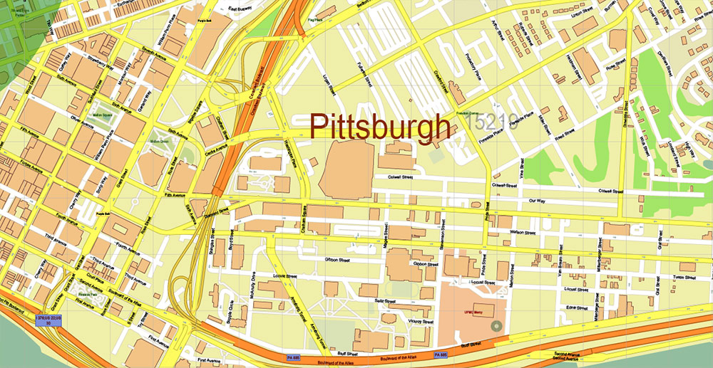Pittsburgh Pennsylvania Metro Area PDF Vector Map: Exact State Plan High Detailed Road Map + Counties + Zipcodes editable Adobe PDF in layers